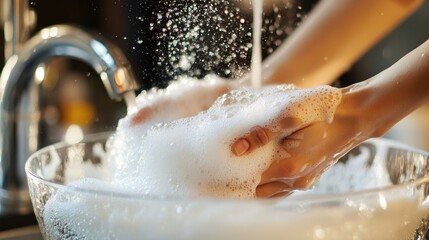 Fototapeta premium Soapy hands scrubbing the inside of a glass bowl, bubbles overflowing the rim, with a kitchen faucet in the background.
