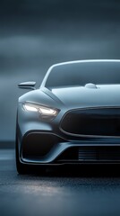 Black Sports Car Front View with Headlights on.