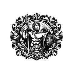 Ares greek god with victorian flourish decoration in black and white illustrations, cutout graphic
