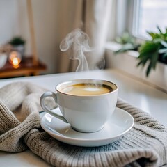 Cozy steaming cup of coffe on a table