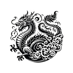 asian dragon with victorian flourish decoration in black and white illustrations, cutout graphic