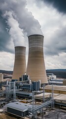 Obraz premium Large Industrial Power Station with Smokestacks, Cooling Towers, and High-Voltage Grids 