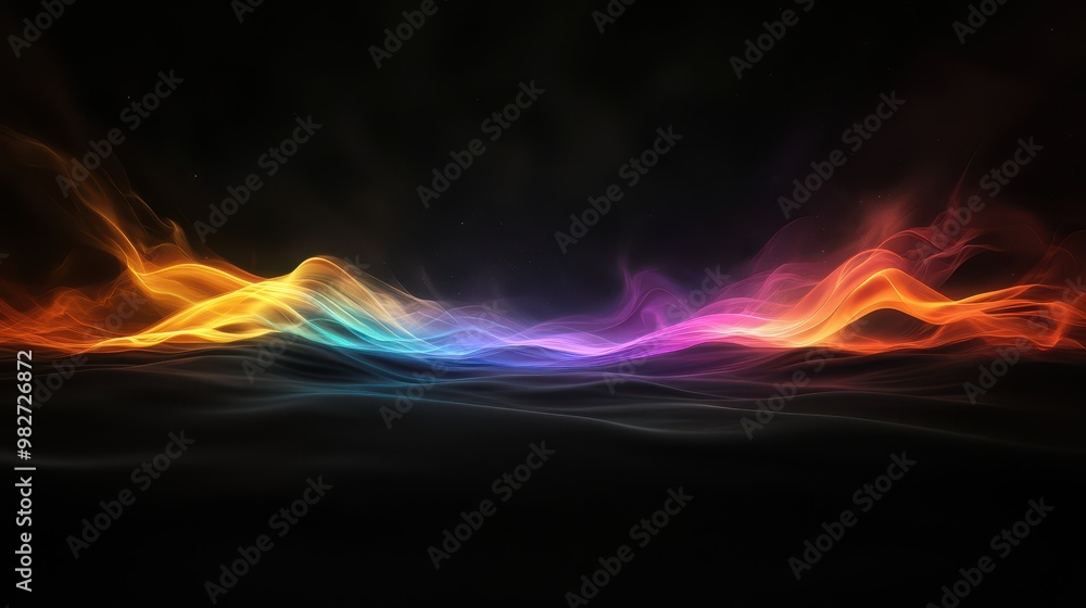 Poster abstract colorful smoke waves on a black background, vibrant and dynamic digital art representing en