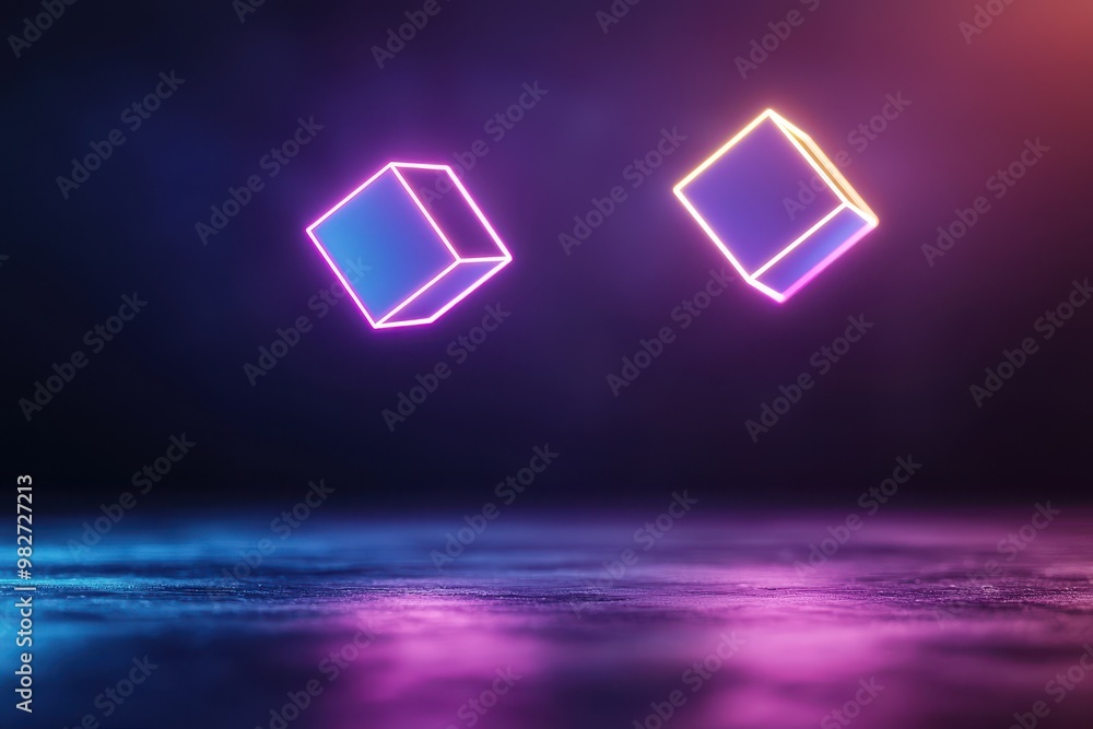 Poster Abstract neon cubes floating in dark background with vibrant lighting effects for modern and futuristic designs.