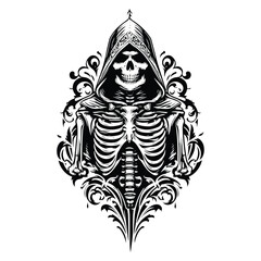 Fototapeta premium assasin skeleton with victorian flourish decoration in black and white illustrations, cutout graphic