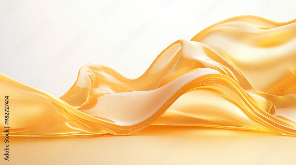 Aufkleber Abstract wave of yellow silk fabric flowing and creating elegant shapes on a light background. Smooth and soft texture. Concept of luxury and fashion.