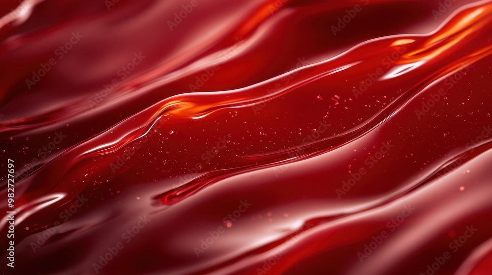 Aufkleber Close-up of a smooth, shiny red surface with flowing textures and rich color, resembling waves in a macro view for design and abstract art use.