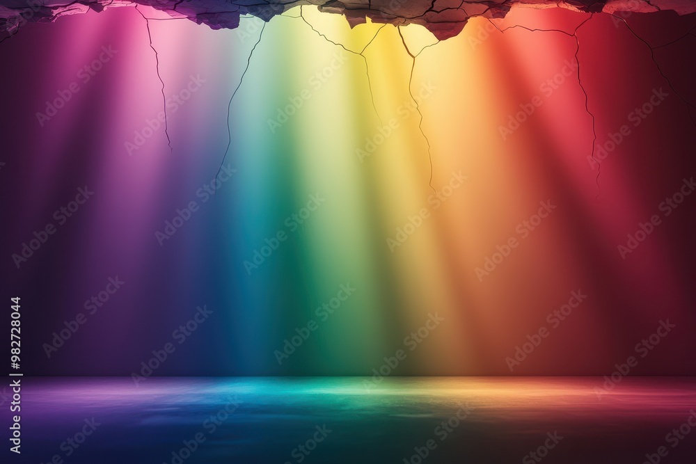 Poster colorful light beams shining through cracks in a cave ceiling, creating a vibrant and mystical under