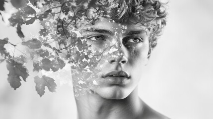 Fototapeta premium Double exposure of a young bare-chested manâ€™s portrait blended with tree branches and leaves, showing the perfect beauty of nature's creation, black and white