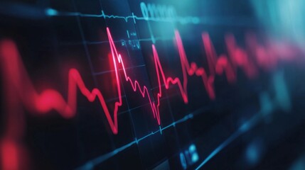 Fototapeta premium A close-up of an ECG monitor screen displaying a clear heartbeat waveform, with the heart rate clearly visible against a dark background.