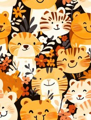 Obraz premium Cute seamless pattern of smiling tiger faces and floral elements in vibrant orange and black colors.