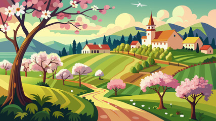 Naklejka premium Countryside crowds with trees in bloom in spring