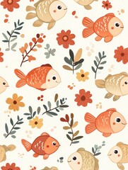 Cute seamless pattern with colorful fish and flowers on a white background, ideal for fabric prints, wallpapers, and digital designs.