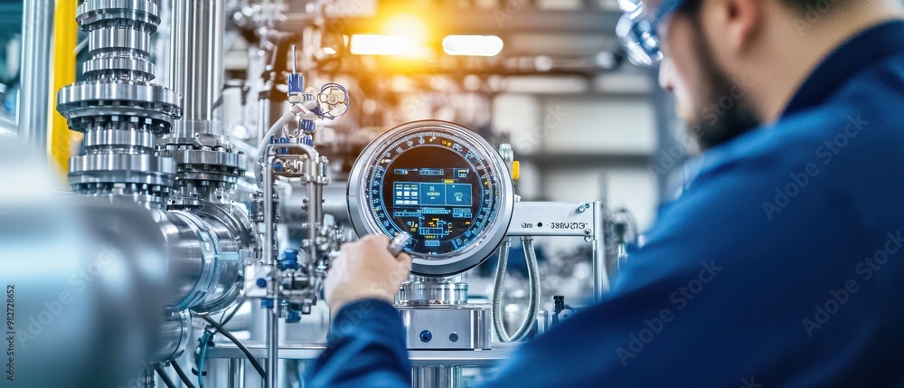 Poster engineer adjusting control panel in modern industrial factory with advanced machinery and technology