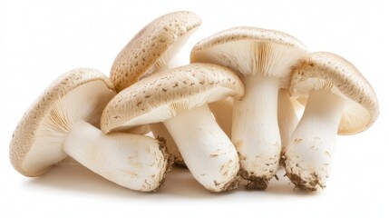 Fototapeta premium A close-up of fresh King oyster mushrooms on a clean white background, showcasing their thick stems and smooth caps.