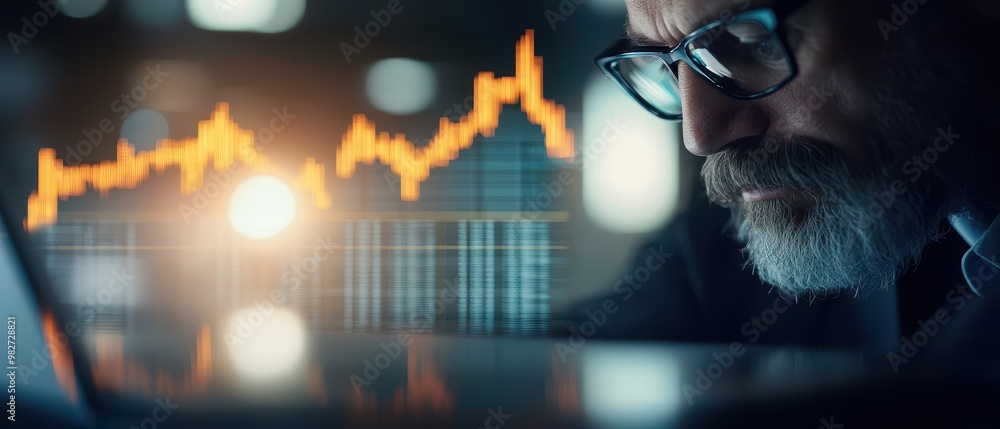 Aufkleber focused businessman analyzing stock market data on a computer screen, with rising graph showing fina