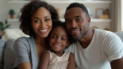 A family of three smiles warmly while sitting on a couch in their cozy living room, radiating love and togetherness.