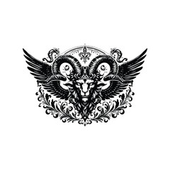Fototapeta premium baphomet with victorian flourish decoration in black and white illustrations, cutout graphic