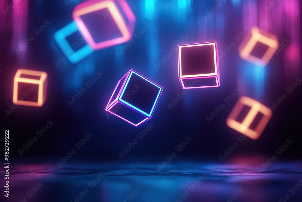 Poster Glowing neon cubes floating in a vibrant abstract background, showcasing modern digital art with dynamic light effects.