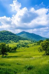 Obraz premium Vibrant green hills under a beautifully textured sky in the early afternoon light