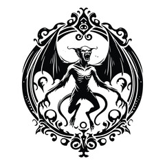 Fototapeta premium Banshee creature with victorian flourish decoration in black and white illustrations, cutout graphic