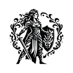barbarian warrior female with victorian flourish decoration in black and white illustrations, cutout graphic