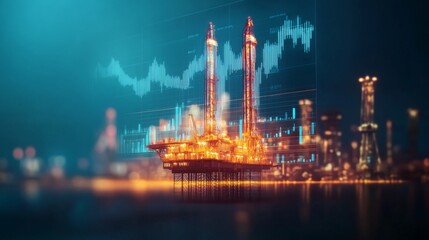 double exposure Towering oil rig with financial charts symbolizing oil market performance