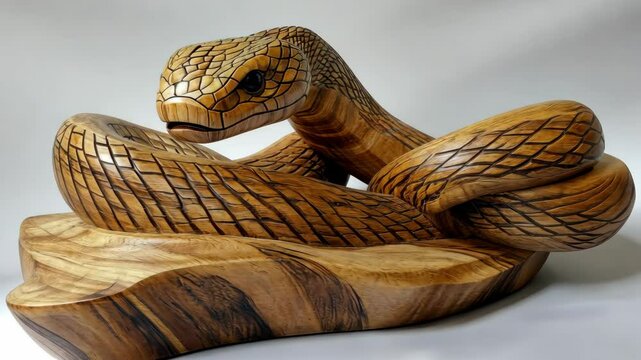 Expert craftsmanship in wooden snake sculpture on display, showcasing intricate carving and detailed design work