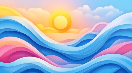 A vibrant abstract landscape featuring stylized waves and a sun, evoking tranquility and creativity.