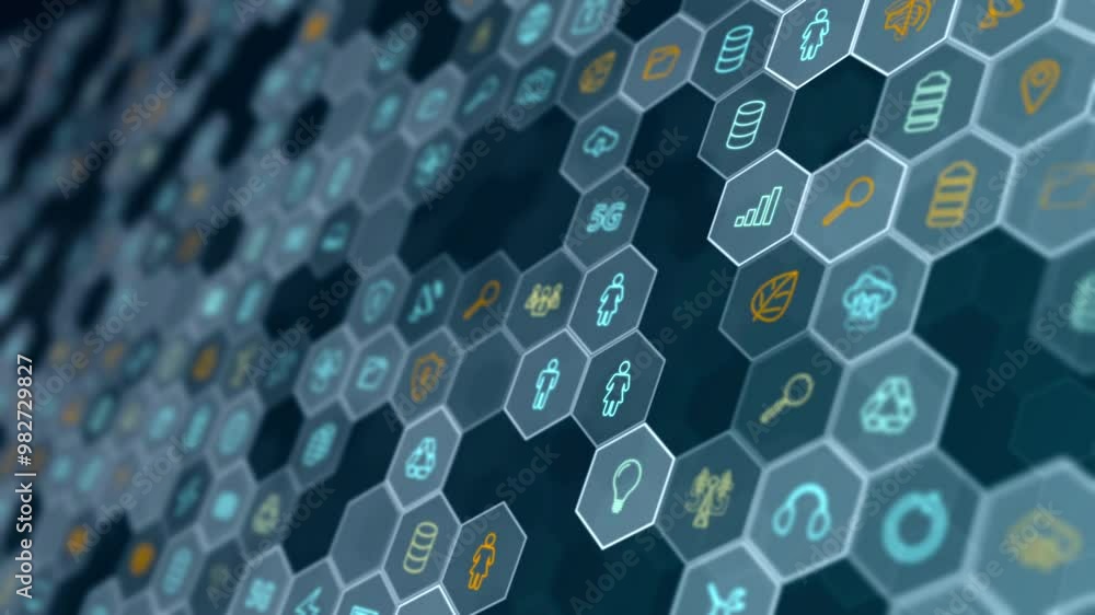 Poster motion graphic of blue technology futuristic icons with hexagon shape abstract background concepts