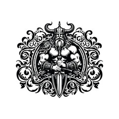 barbarian warrior with victorian flourish decoration in black and white illustrations, cutout graphic
