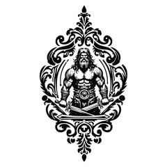 Obraz premium barbarian warrior with victorian flourish decoration in black and white illustrations, cutout graphic