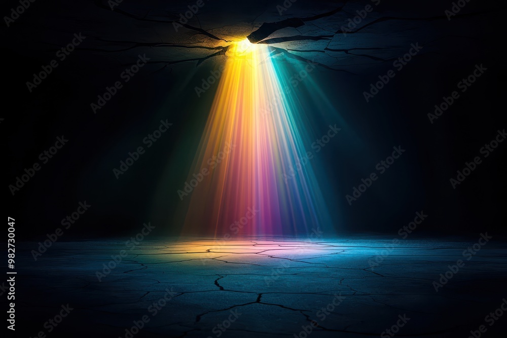 Aufkleber spectacular ray of colorful lights breaking through dark space, illuminating the floor with vibrant 