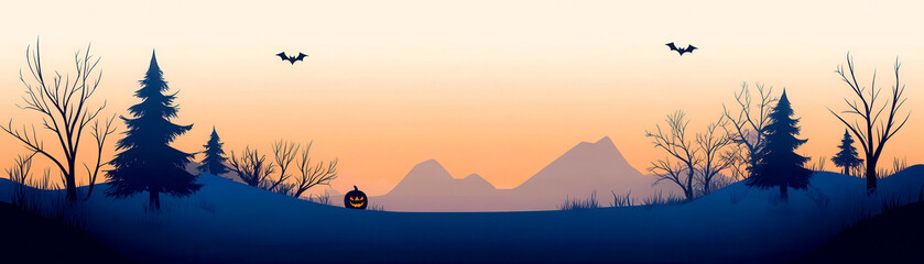 Fototapeta premium Scenic sunset view with mountains, trees, and a calm lake under a clear sky.