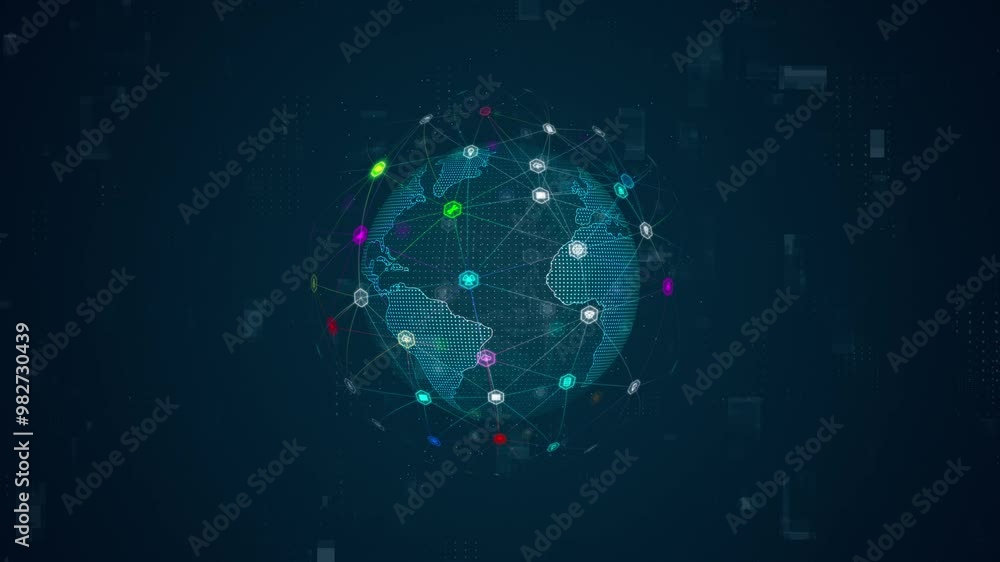 Poster motion graphic of blue technology icon and hexagon shape with earth sphere rotation on futuristic ab