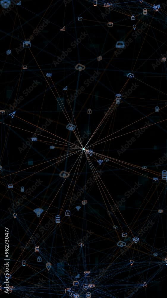 Poster motion graphic of blue digital ai technology icons linked on grid mesh and line connection on futuri