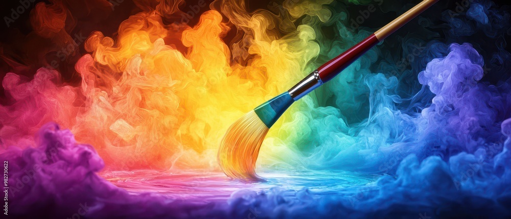Aufkleber vibrant paintbrush creating colorful smoke in a mesmerizing artistic background, symbolizing creativ