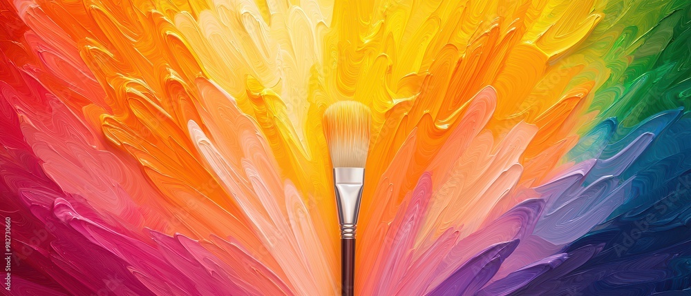 Poster vibrant painting with a brush at the center surrounded by vivid colors creating an explosion of crea