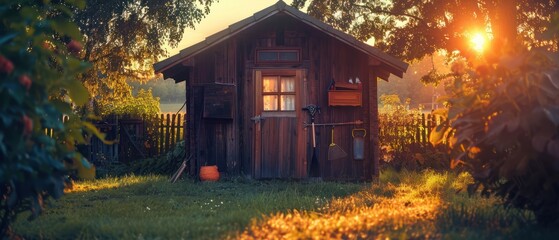 Hovel after work in evening, golden hour. Garden shed (front view) with hoe, string trimmer, rake and grass-cutter. Gardening tools shed. Garden house on lawn in the sunset. Wooden tool-shed.