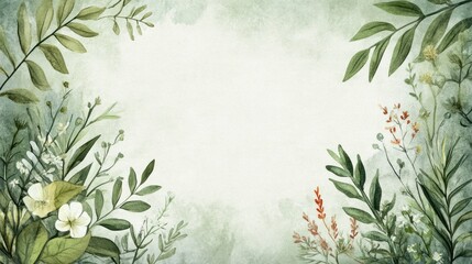 A watercolor illustration featuring botanical elements like leaves and wildflowers, creating a soft, natural frame around the edges of the page.