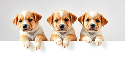 Three Cute Puppies Hanging Paws Over White Web Banner - Extracted with a transparent background isolated with white highlights, png