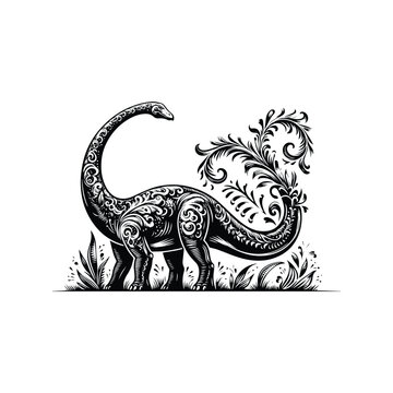 recommend clip art: Brachiosaurus with victorian flourish decoration in black and white illustrations, cutout graphic