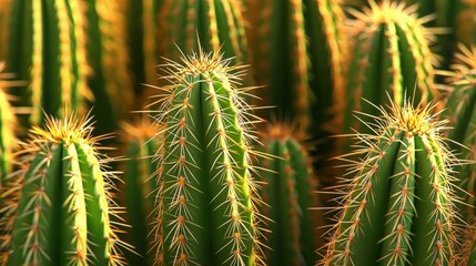 Sunlit cacti flourish in a vibrant desert landscape during golden hour