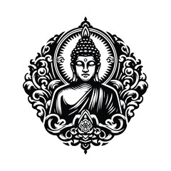 Buddha god with victorian flourish in black and white illustrations, cutout graphic black and white illustration