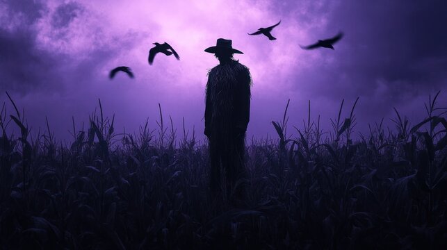 An eerie scarecrow standing alone in a dark cornfield at twilight, with crows circling ominously above and the sky turning purple, creating a chilling atmosphere.