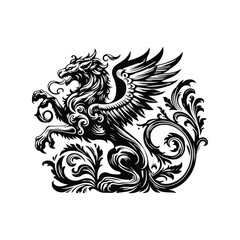 Fototapeta premium Chimera creature with victorian flourish decoration in black and white illustrations, cutout graphic