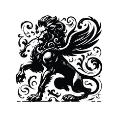 Chimera creature with victorian flourish decoration in black and white illustrations, cutout graphic