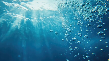 Bubbles of oxygen rising underwater in clear blue water with sparkling light reflections, creating a tranquil scene