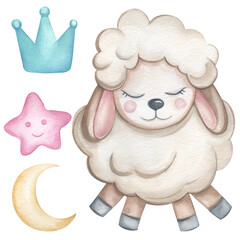 sheep cartoon isolated. Cartoon character cute sheep drawn in watercolor.Handmade.Cute elements for children's design of posters, clothes, stationery, cards, birthday, gender party
