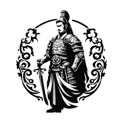 chinese warior male with victorian flourish decoration in black and white illustrations, cutout graphic